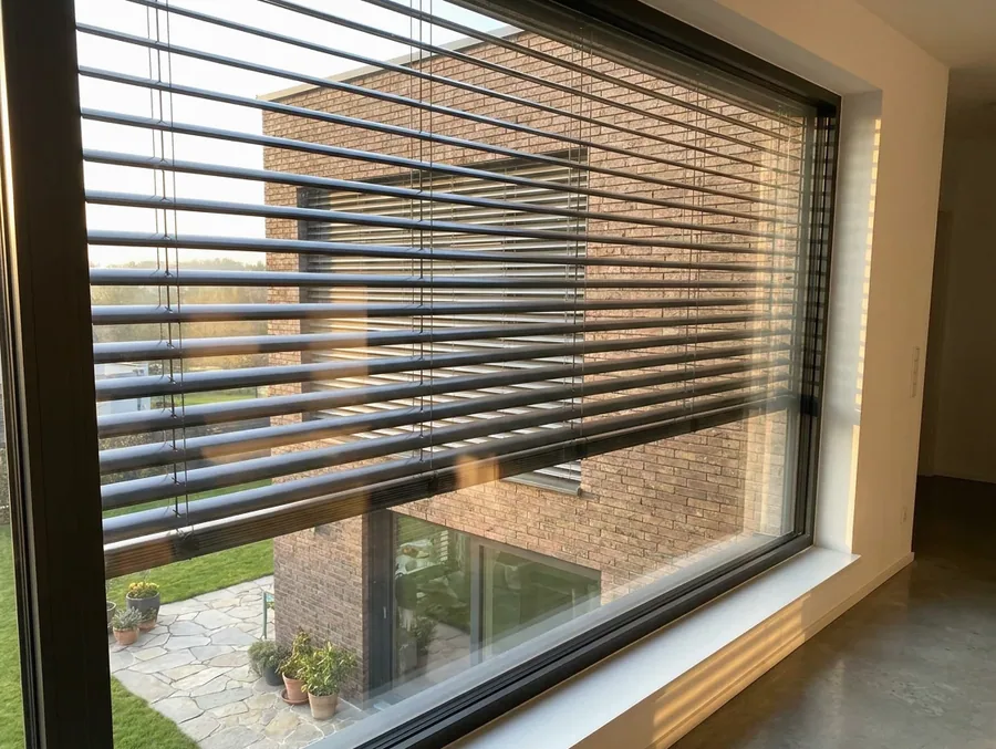 External aluminium venetian slats mounted outside a Blue Valley window, tilted to view the neighbouring home beyond
