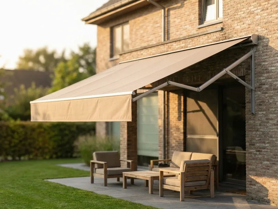 Folding-arm awning fully extended over a Blue Valley Golf Estate patio on its articulated arms, no posts beneath