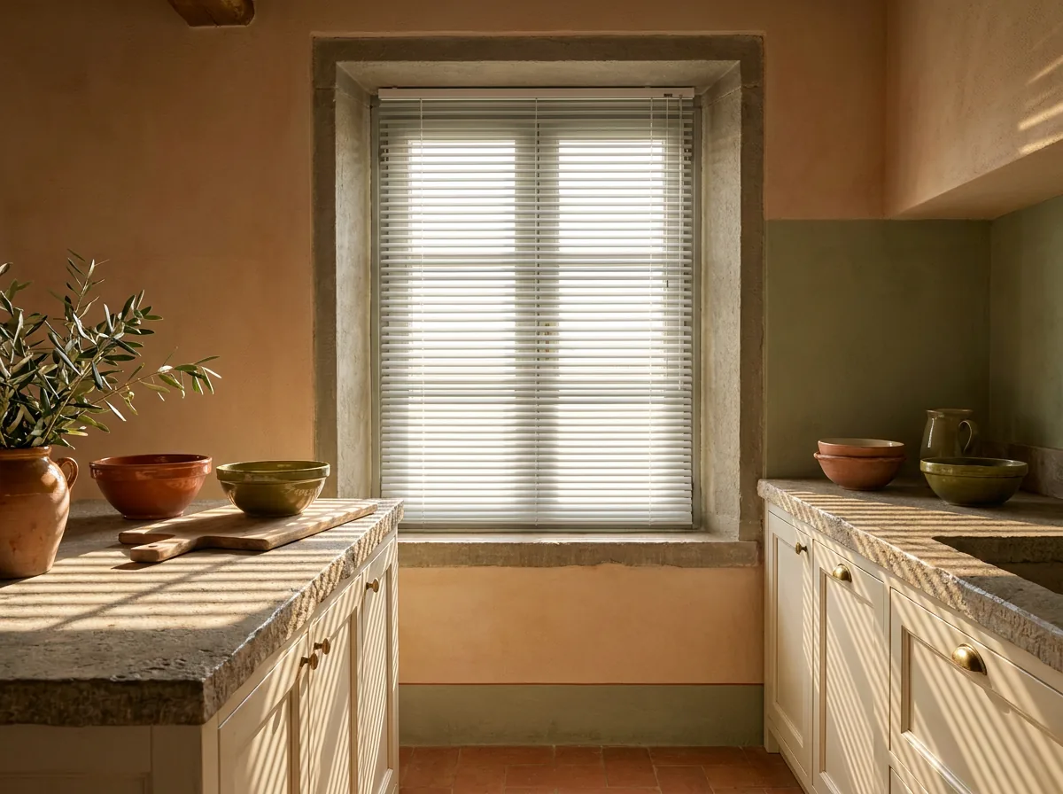 White aluminium venetian blinds with slats tilted half-open over a kitchen window in a Tuscan Blue Valley home, throwing soft bands of light across a stone countertop