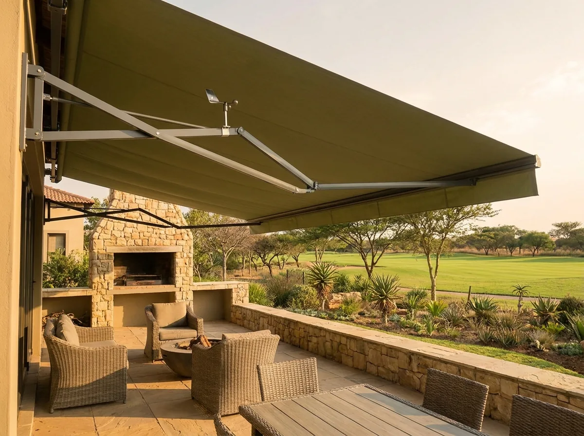 An olive folding-arm awning extended over a stone patio and braai area at a Tuscan Blue Valley home, a small wind sensor on the arm, savannah garden and green golf fairway beyond in late-afternoon light