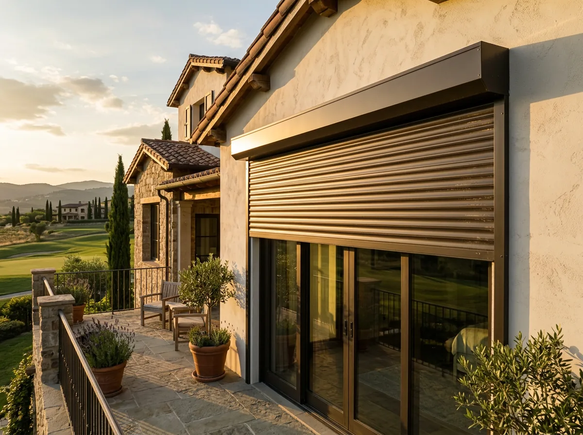 A bronze powder-coated external aluminium roller shutter rolling down from a headbox mounted outside above west-facing sliding glass doors on a Tuscan Blue Valley home, stopping the late-afternoon sun before it reaches the glass