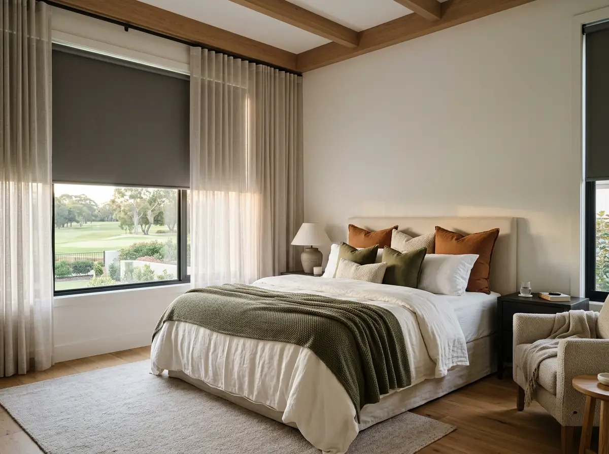 Main bedroom with a charcoal blockout roller blind layered behind sheer curtains, golf course beyond the glass