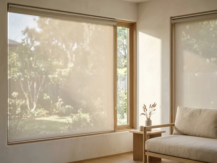 Sunscreen roller blinds lowered over wide lounge glass in a Blue Valley home, the garden still visible through the mesh weave