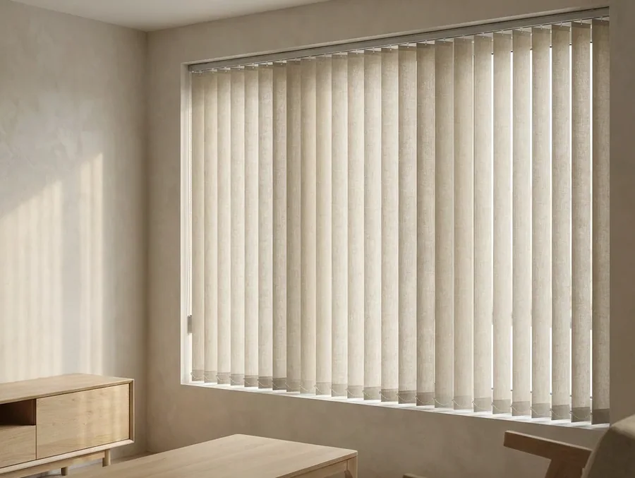 Vertical panel blind vanes catching afternoon sun over a wide window in a Blue Valley living room
